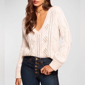 Ramy Brook Cream Cable Knit v-neck Sweater with Sparkly Rhinestones